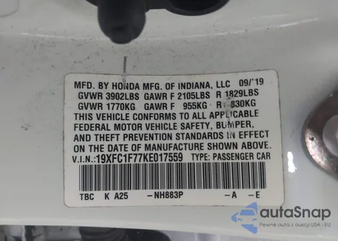 2019 Honda Civic Ex-L from USA, damaged, VIN 19XFC1F77KE017559